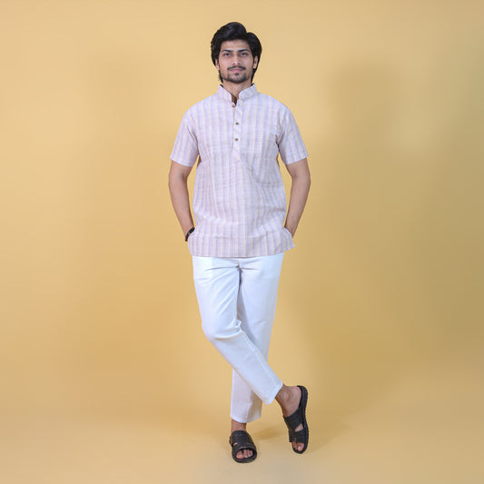 Combo Set Wide Stripe Half Sleeves Short Kurta Pant-Skin