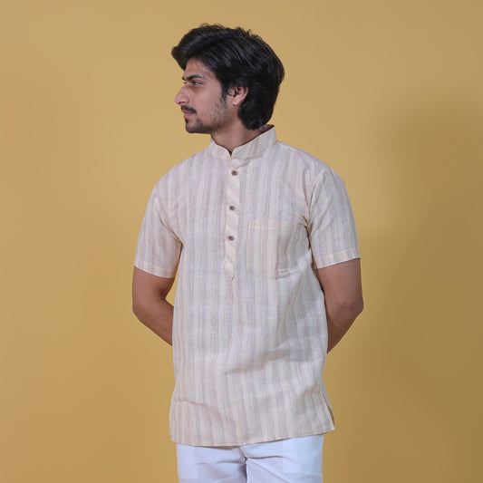 Wide Stripe Half Sleeves Short Kurta-Yellow
