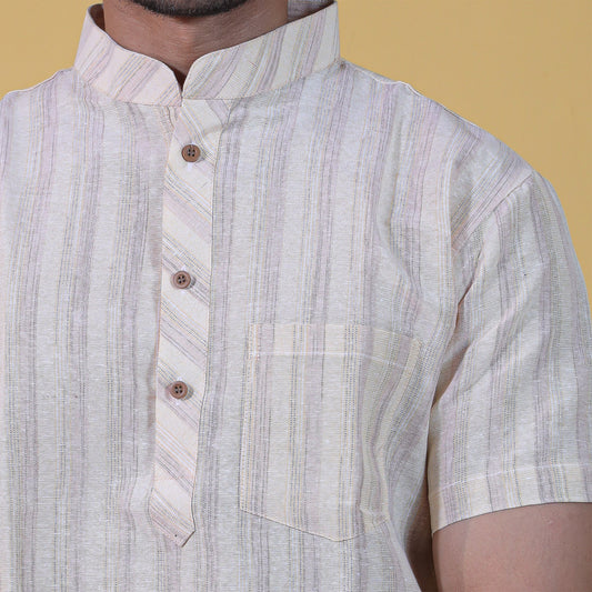 Wide Stripe Half Sleeves Short Kurta-Yellow