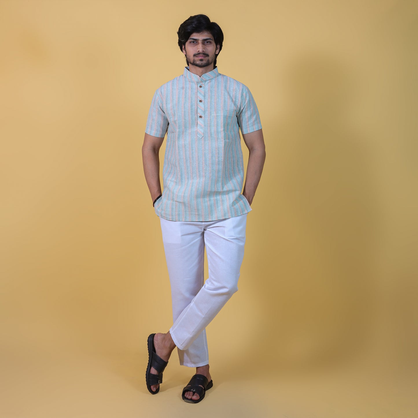 Combo Set Wide Stripe Half Sleeves Short Kurta Pant-Green