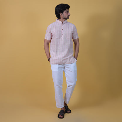 Combo Set Wide Stripe Half Sleeves Short Kurta Pant-Light Pink
