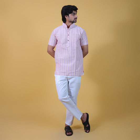 Combo Set Wide Stripe Half Sleeves Short Kurta Pant-Pink