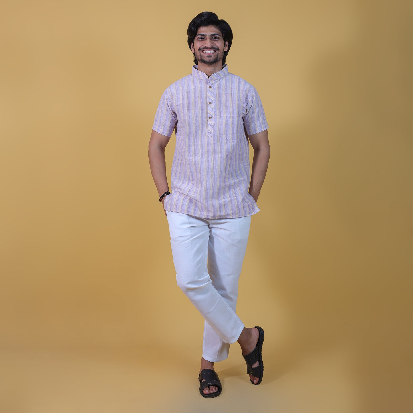 Combo Set Wide Stripe Half Sleeves Short Kurta Pant-Purple