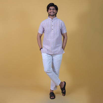 Combo Set Wide Stripe Half Sleeves Short Kurta Pant-Purple