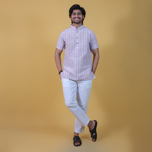 Combo Set Wide Stripe Half Sleeves Short Kurta Pant-Purple