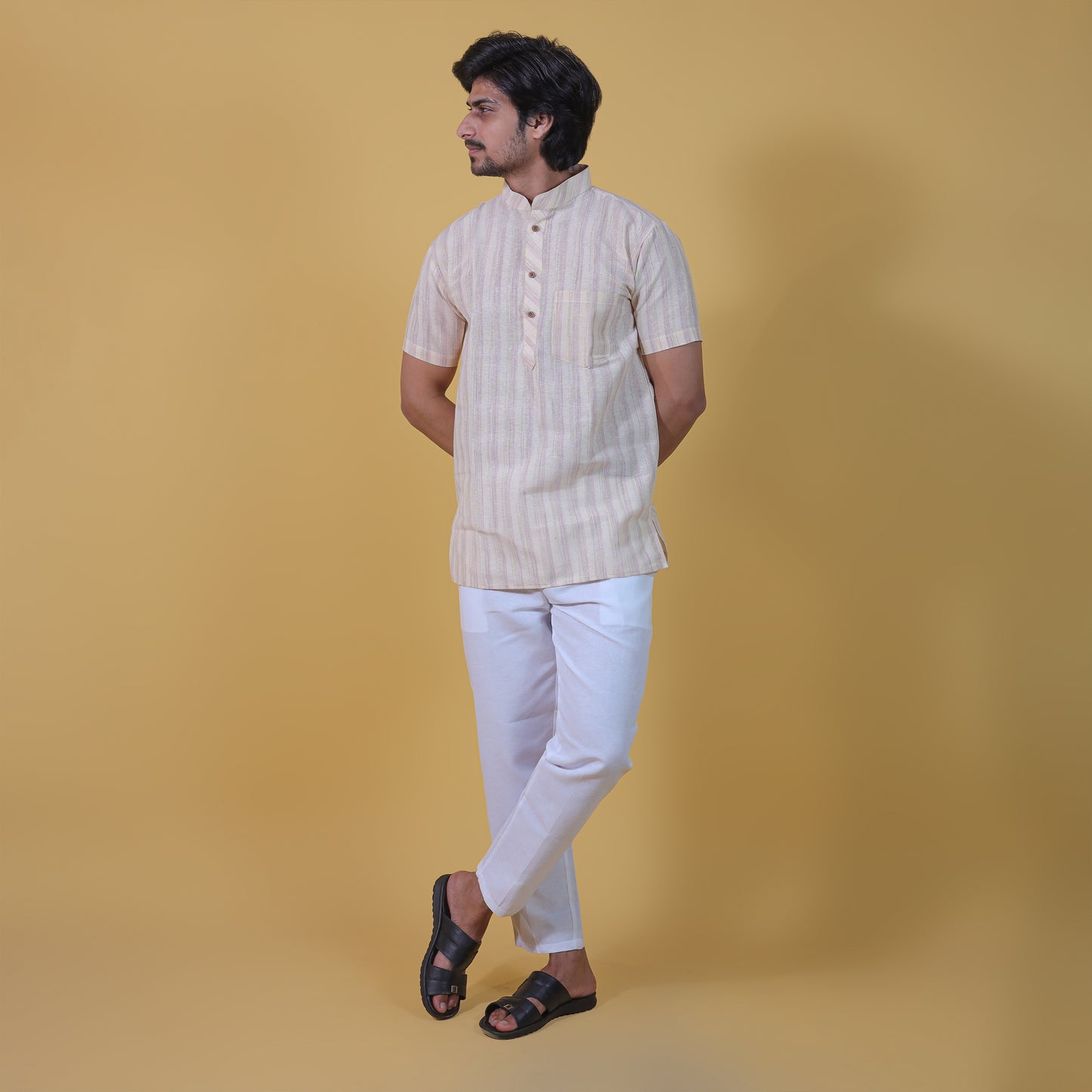 Combo Set Wide Stripe Half Sleeves Short Kurta Pant-Yellow