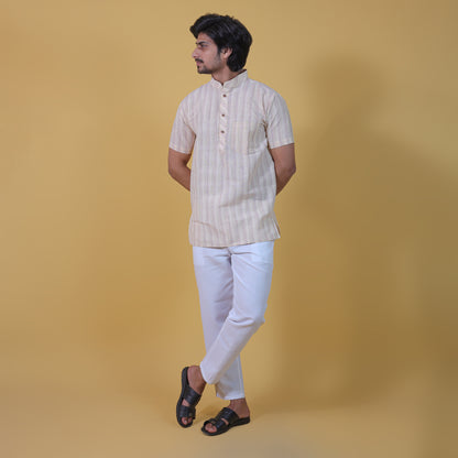 Combo Set Wide Stripe Half Sleeves Short Kurta Pant-Yellow