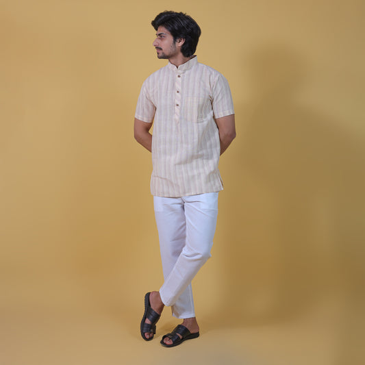 Combo Set Wide Stripe Half Sleeves Short Kurta Pant-Yellow