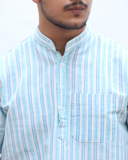 White Striped Half Sleeves Short Kurta-Blue