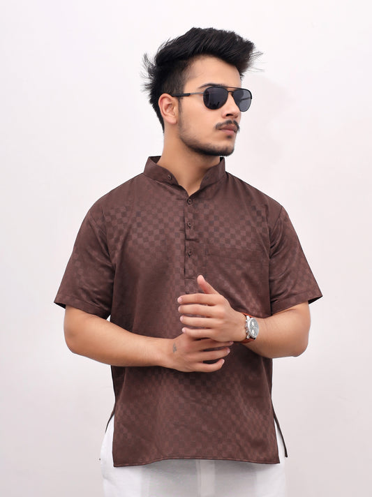 Men's Brown Urban Check Short  Kurta