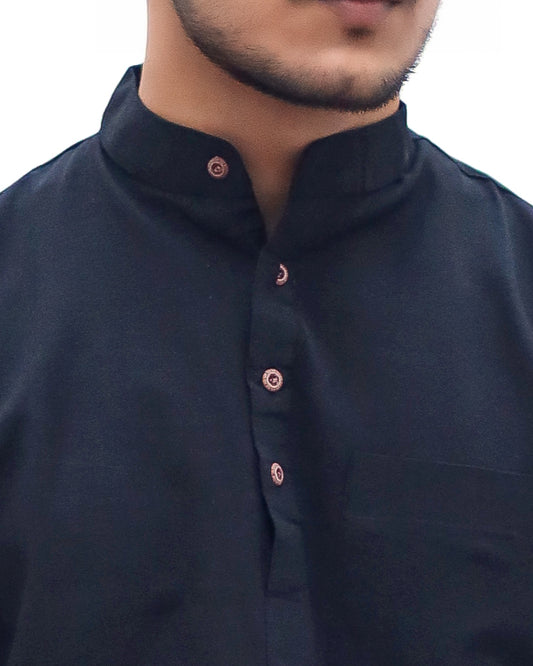 Solid Half Sleeves Short Kurta-Black