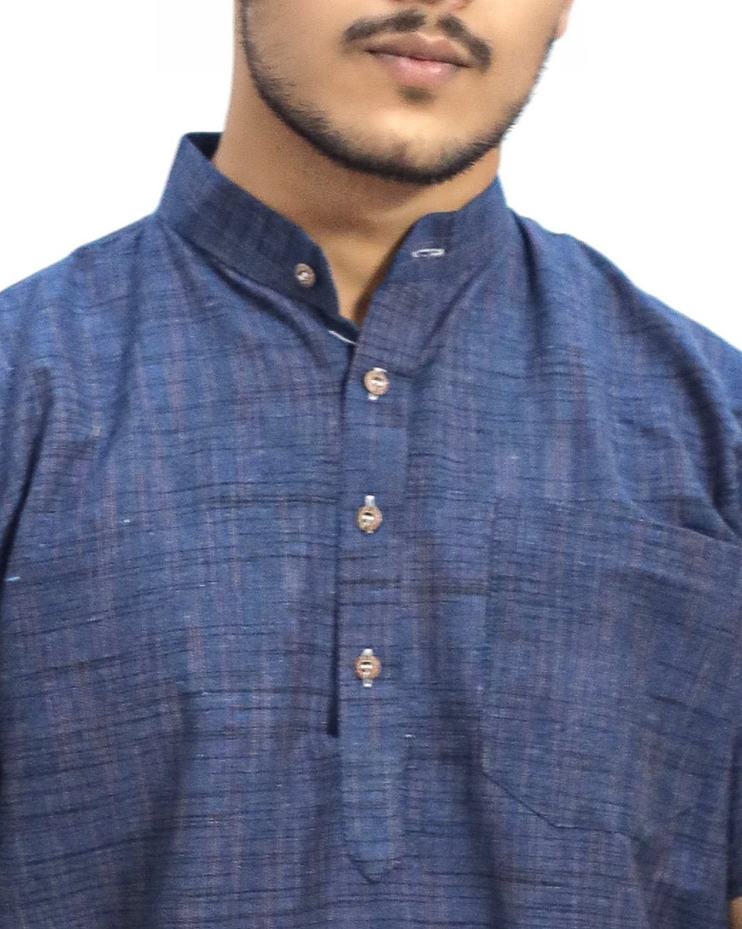 KHADI BLUE DARK JHARNA SHORT KURTA HALF SLEEVES