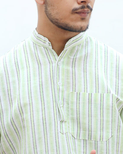 White Striped Half Sleeves Short Kurta-Green