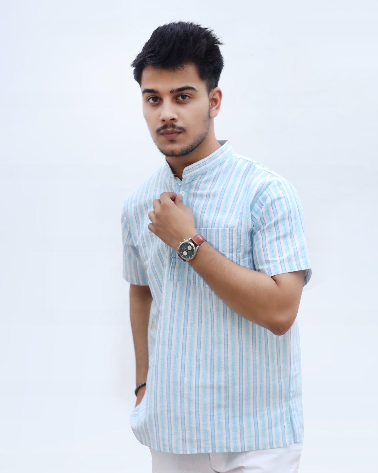 White Striped Half Sleeves Short Kurta-Blue