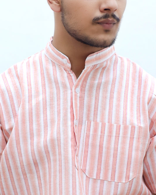 White Striped Half Sleeves Short Kurta-Orange