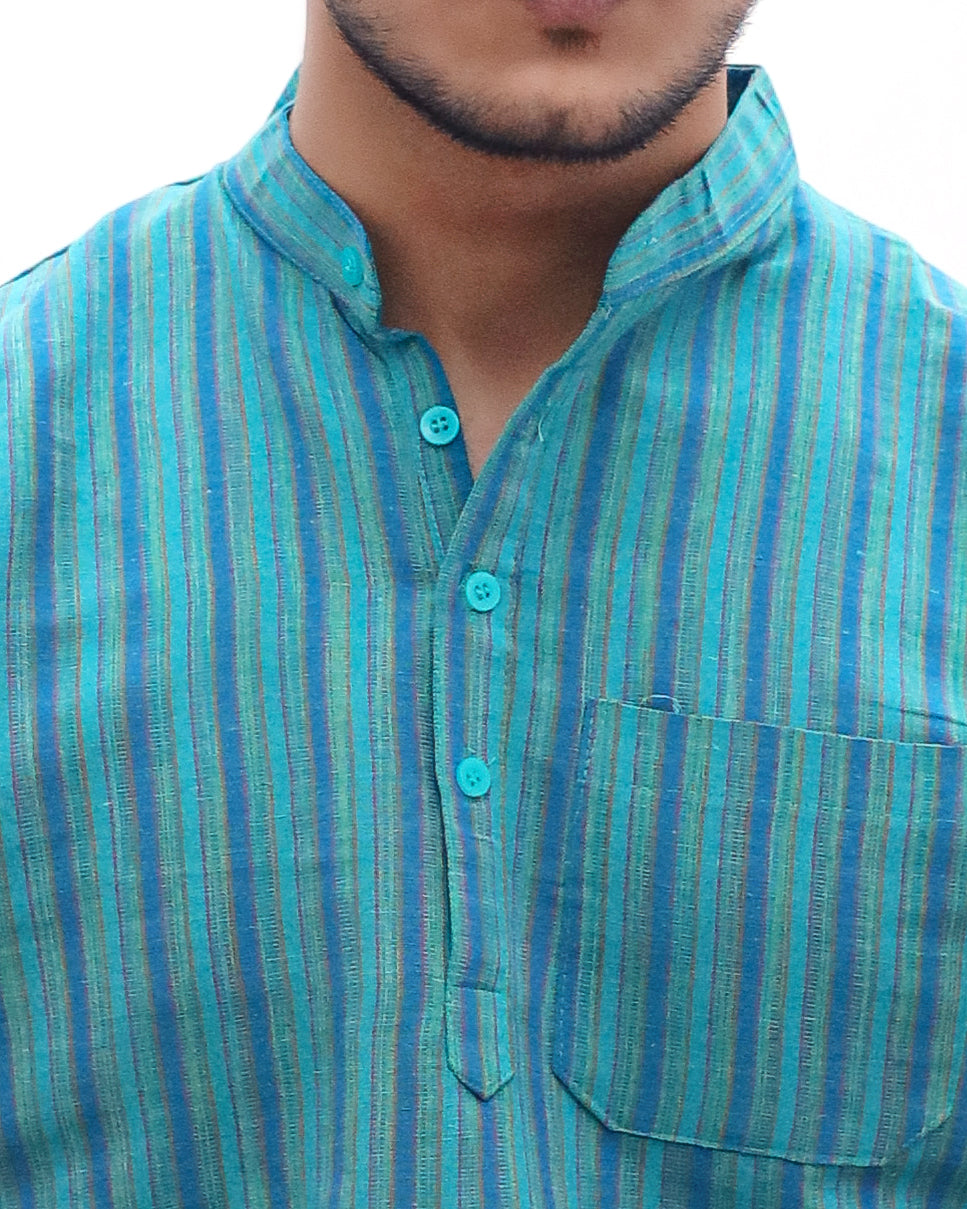 KHADI LIGHT BLUE SHORT KURTA HALF SLEEVES