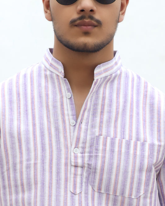 White Striped Half Sleeves Short Kurta-Purple