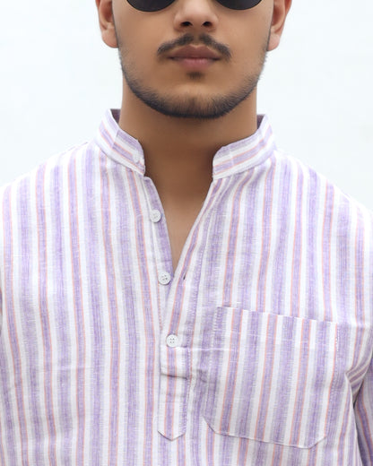 White Striped Half Sleeves Short Kurta-Purple