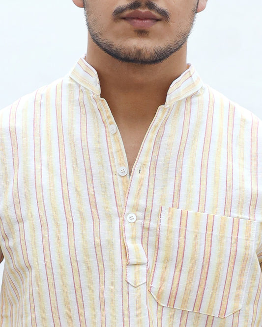White Striped Half Sleeves Short Kurta-Yellow